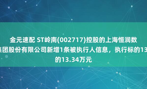 金元速配 ST岭南(002717)控股的上海恒润数字科技集团股份有限公司新增1条被执行人信息，执行标的13.34万元